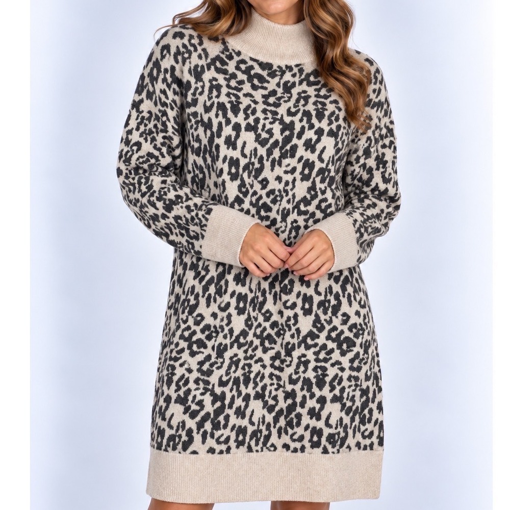 LOFT Large Leopard Print Sweater Dress Wool Blend Mock Neck Animal Print Soft
